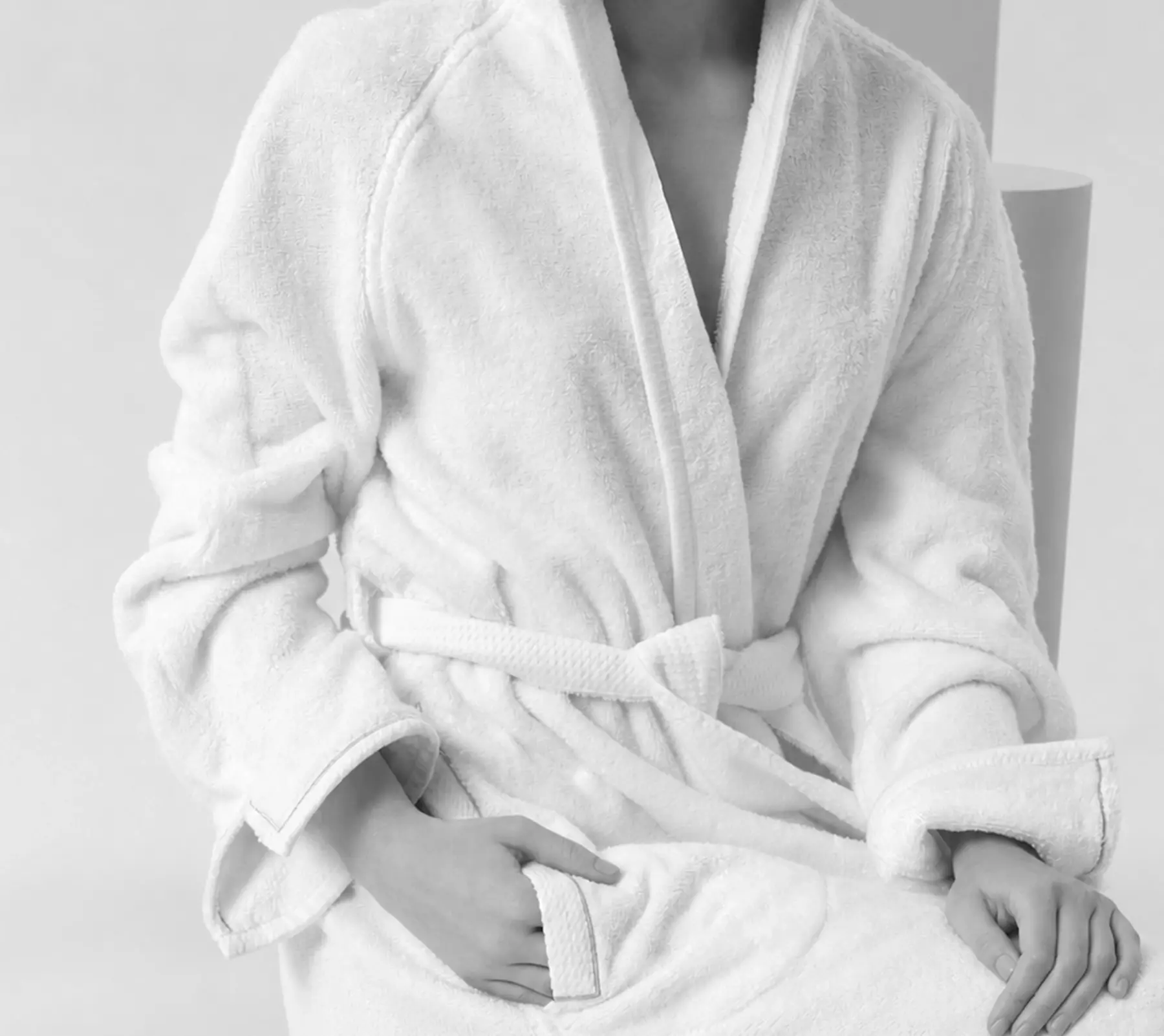 Detail of a Beltrami bathrobe as it is worn