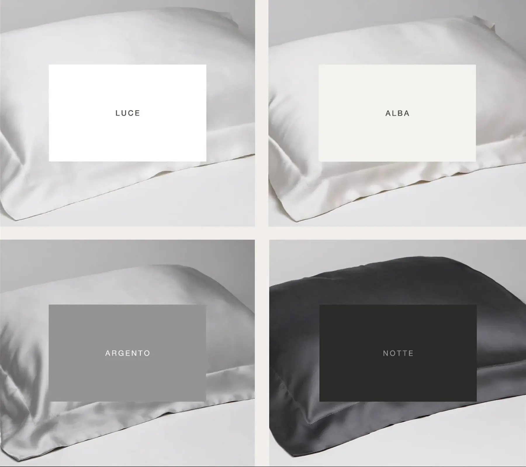 Beltrami pillowcases in four different colors (light, dawn, silver, and night)