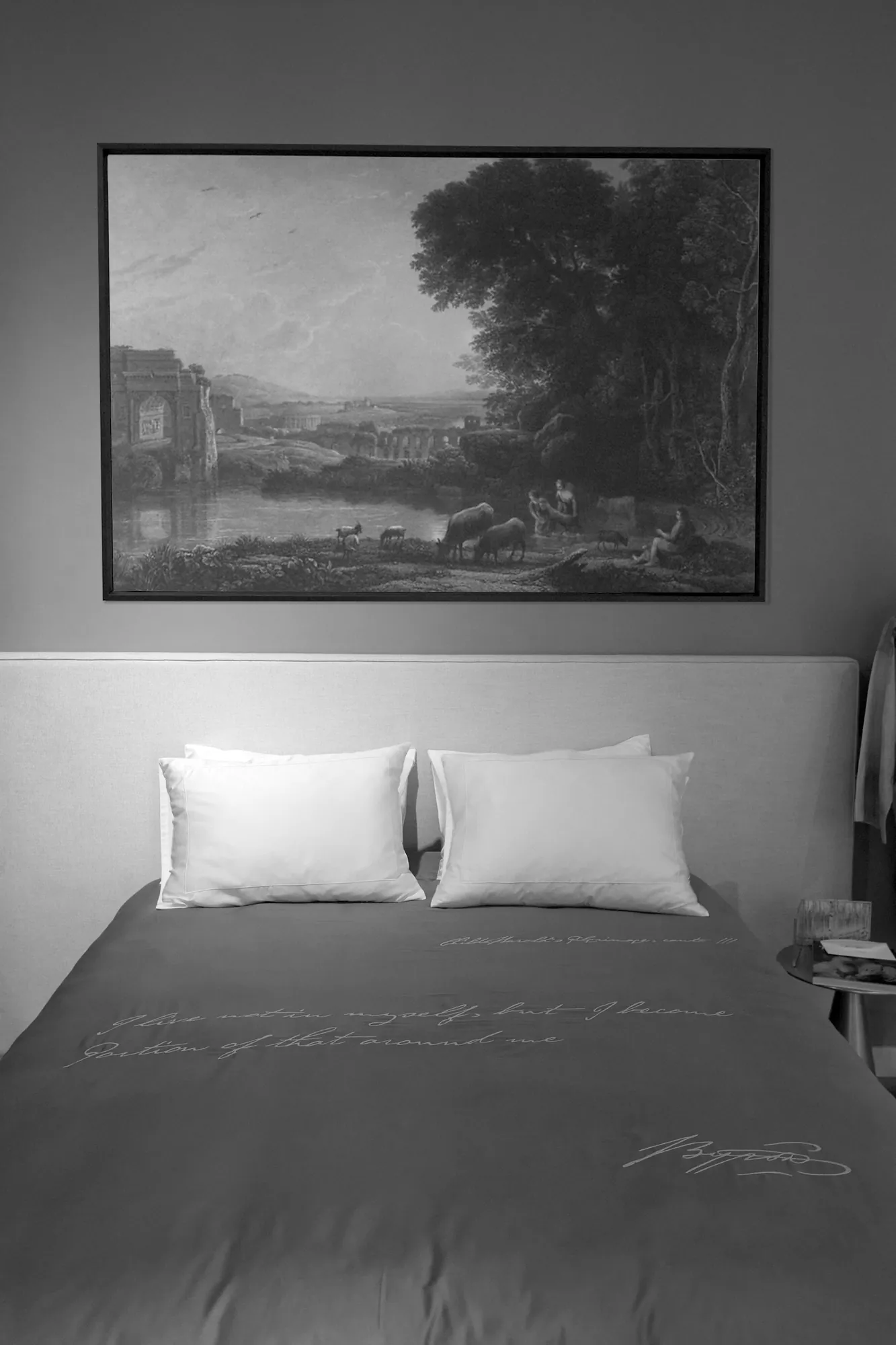 Bed dressed in a sheet embroidered with Byron's hand, Le Grand Tour, Via della Spiga